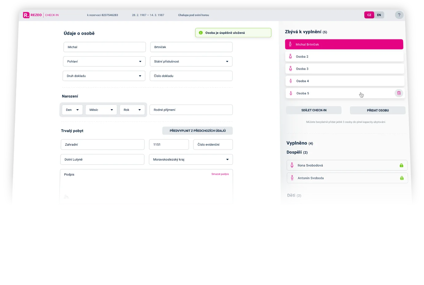 REZEO - Online check-in a kniha hostů